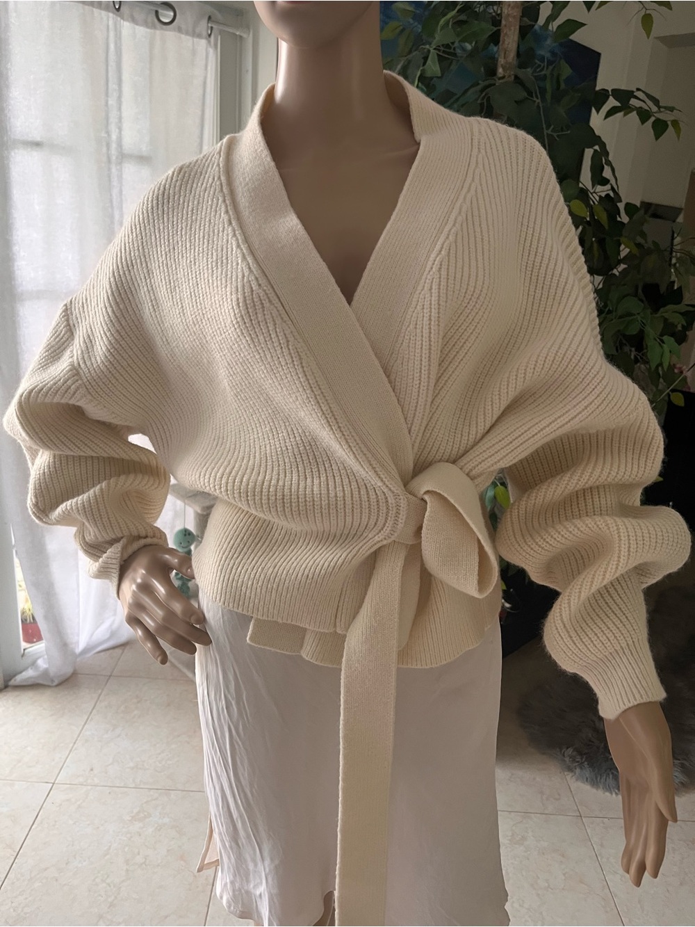 by e greis Cream Wrap Tie Ribbed Sweater M